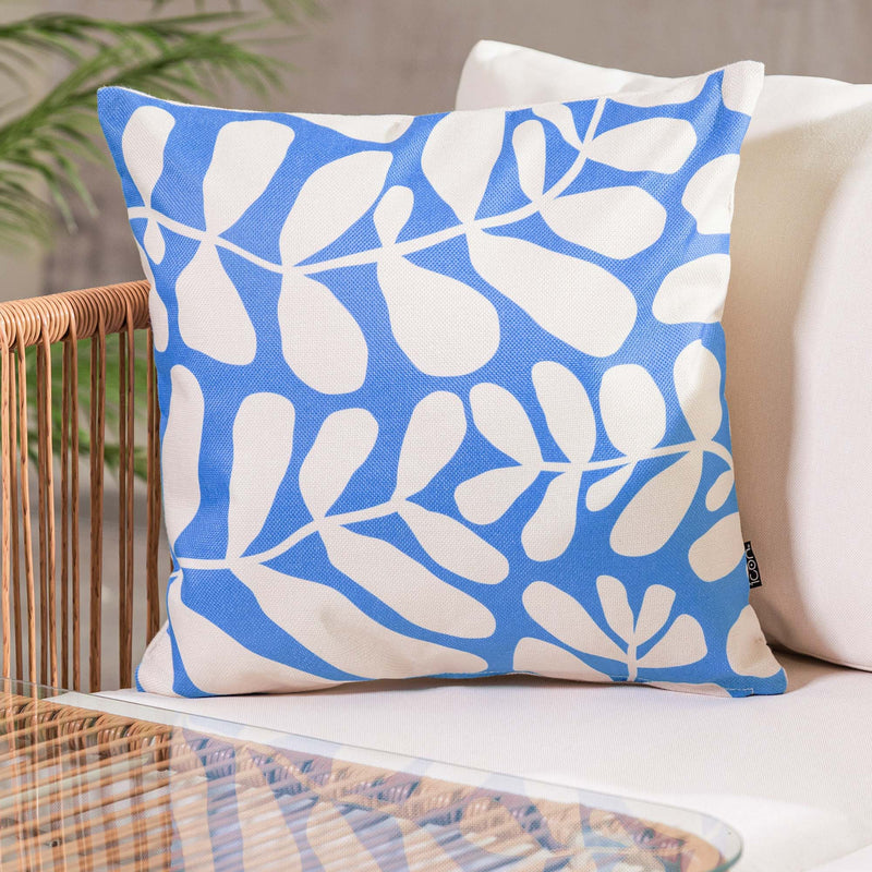 Abstract Leaf Print Indoor-Outdoor Cushion - Blue