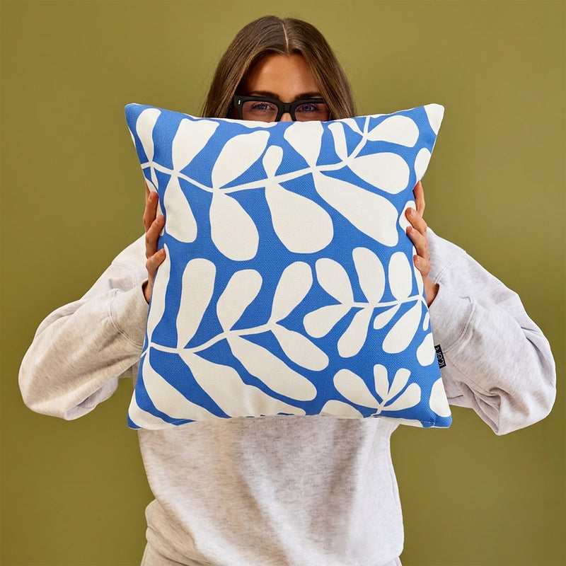 Abstract Leaf Print Indoor-Outdoor Cushion - Blue