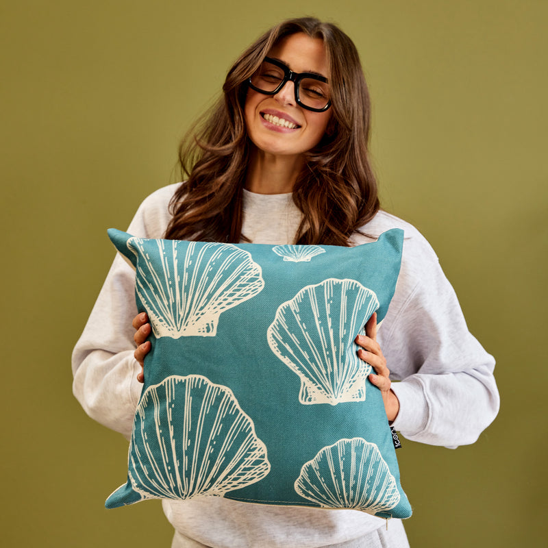 Large Sea Shell Print Indoor-Outdoor Cushion - Blue