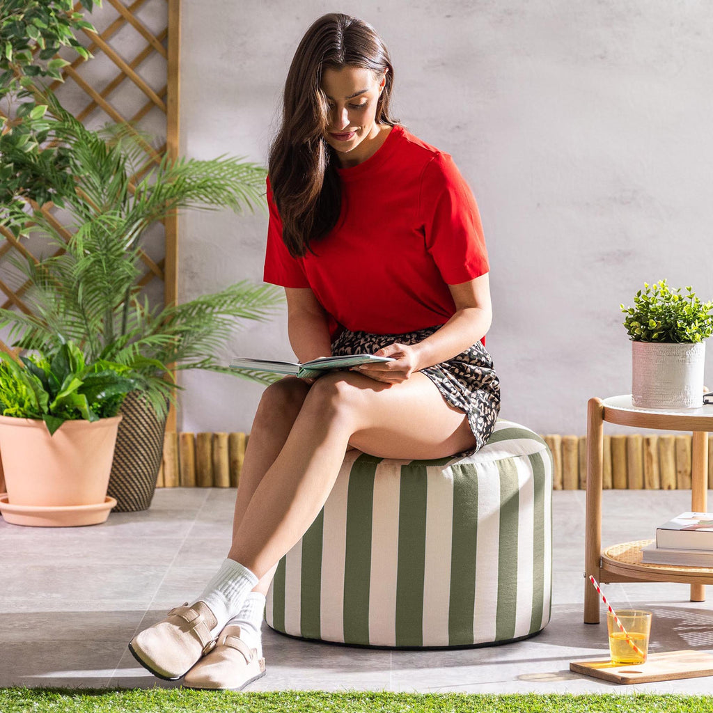 Milano Stripe Woven Round Footstool Olive Green
