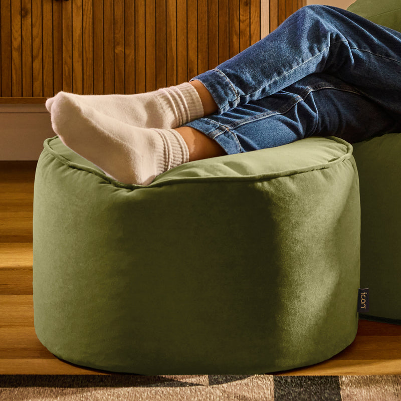 Milano Velvet Round Footstool Bean Bag - Olive Green