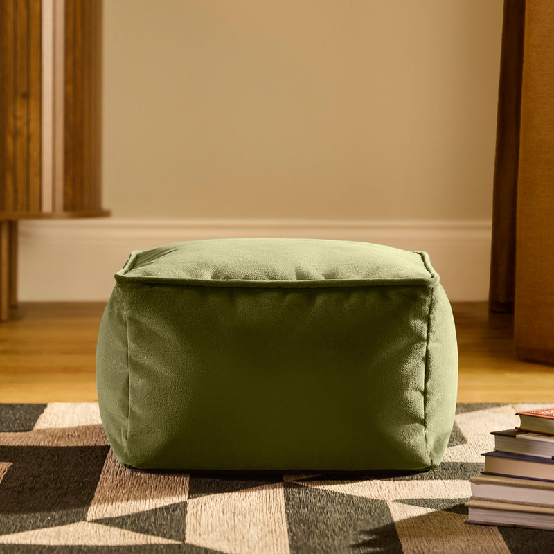 Amara Velvet Square Footstool Bean Bag - Olive Green