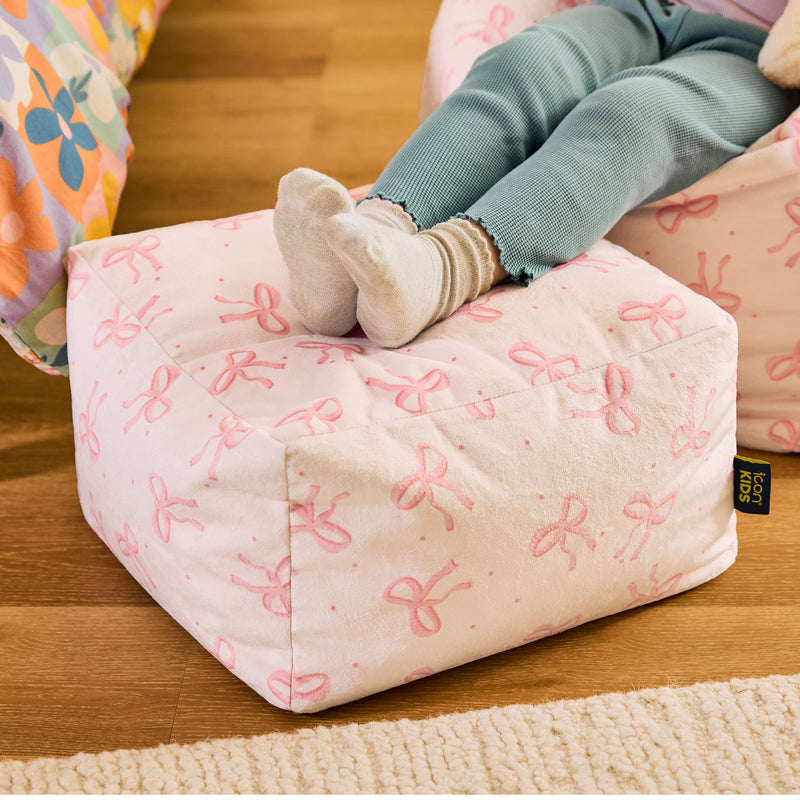 Mini Amara Bow Brushed Velvet Square Footstool - Pink