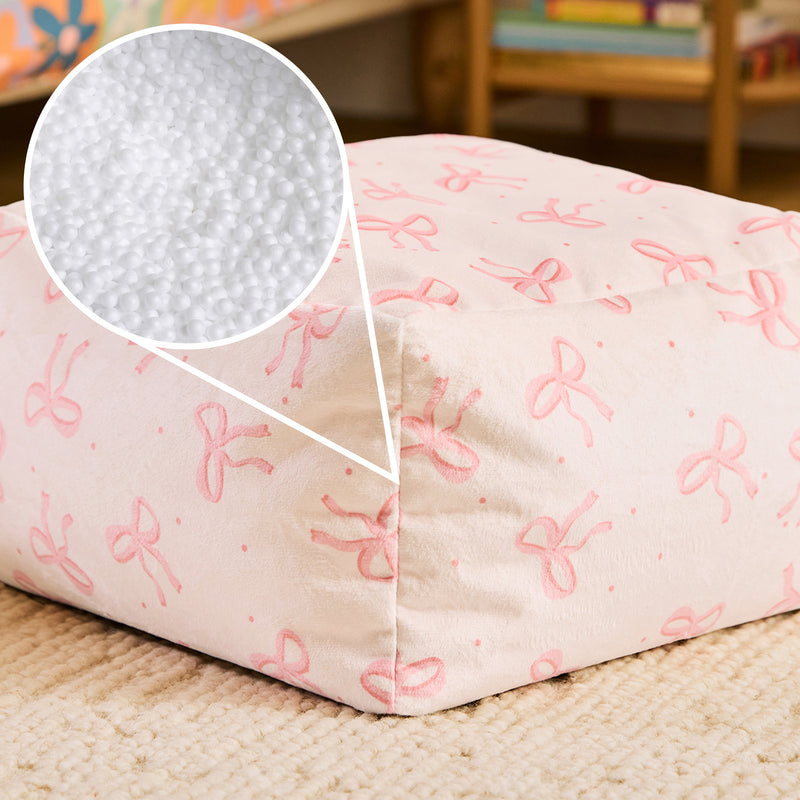 Mini Amara Bow Brushed Velvet Square Footstool - Pink