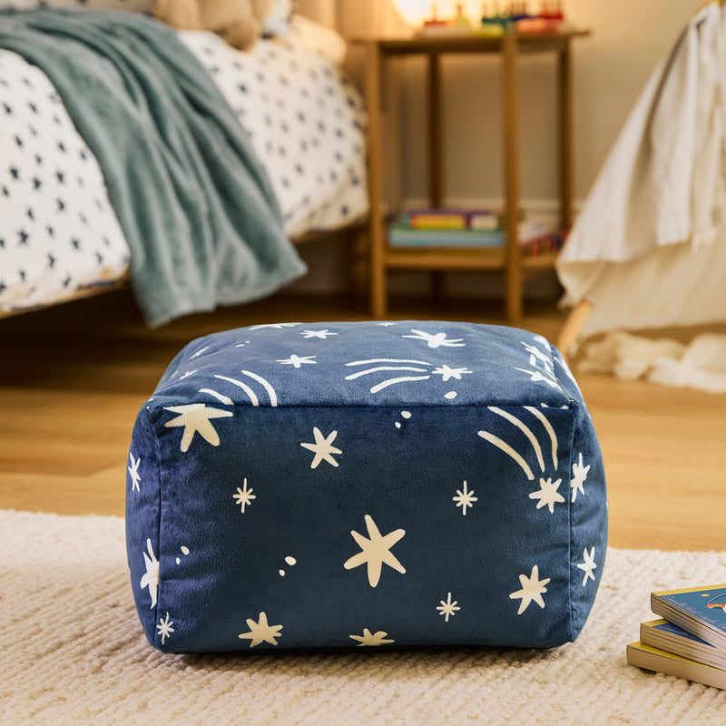 Mini Amara Star Brushed Velvet Square Footstool - Ink Blue
