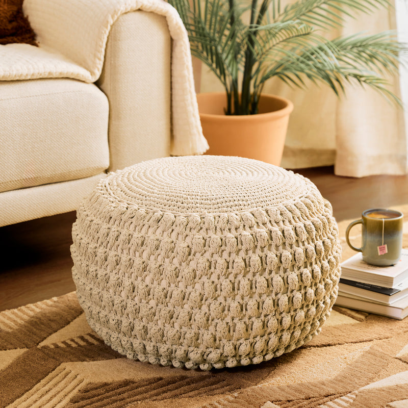 Riva Bobble Crochet Round Pouffe Footstool - Natural