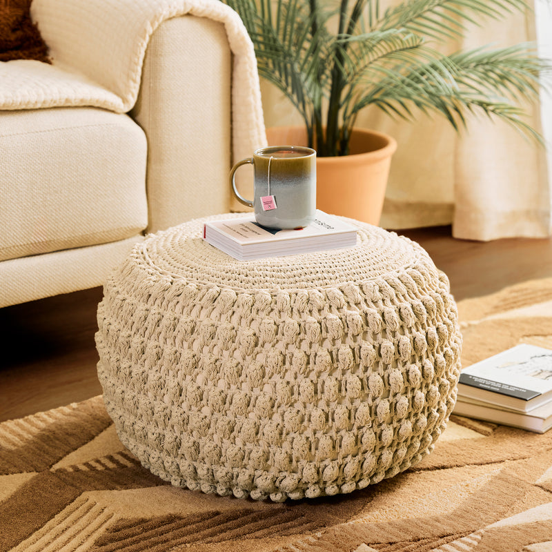Riva Bobble Crochet Round Pouffe Footstool - Natural
