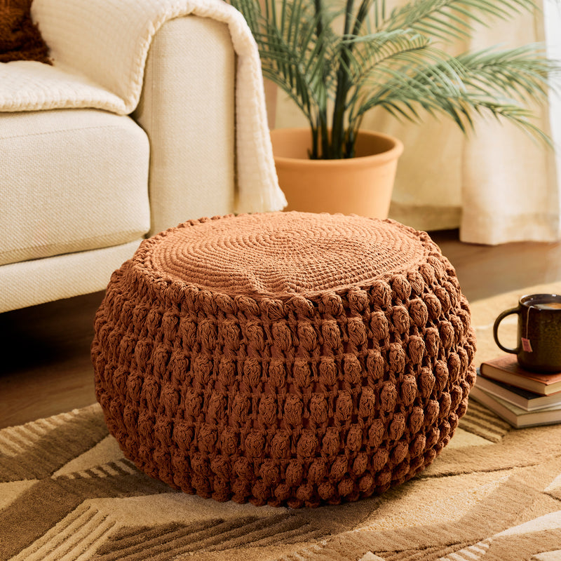 Riva Bobble Crochet Round Pouffe Footstool - Terracotta