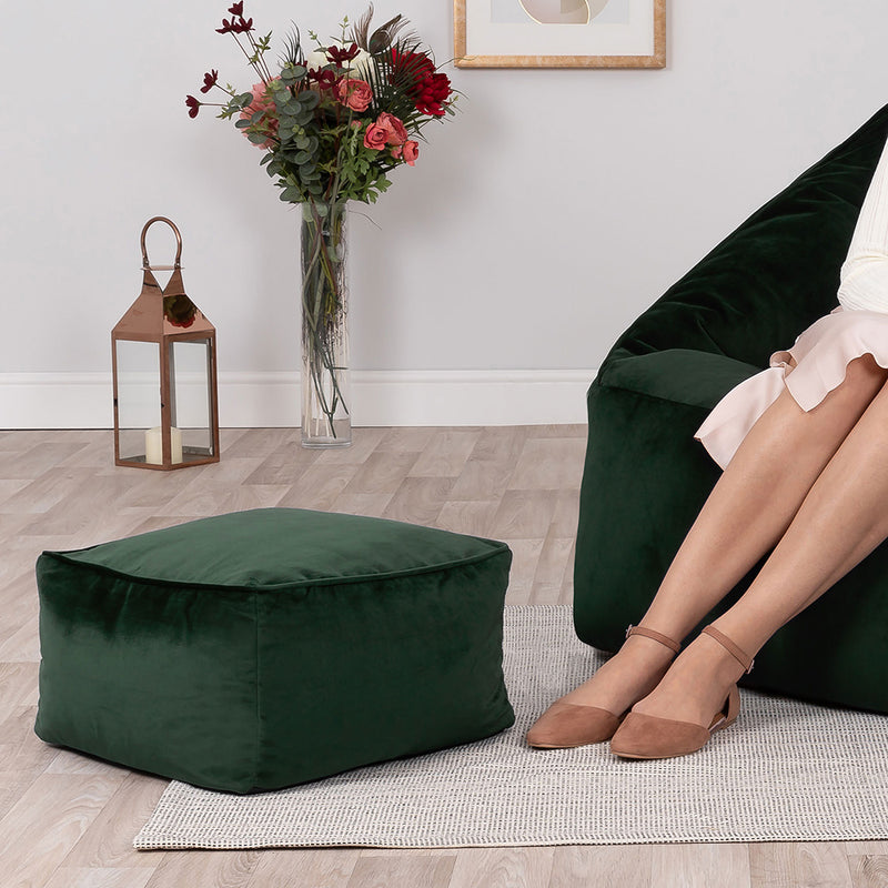 Amara Velvet Square Footstool - Forest Green