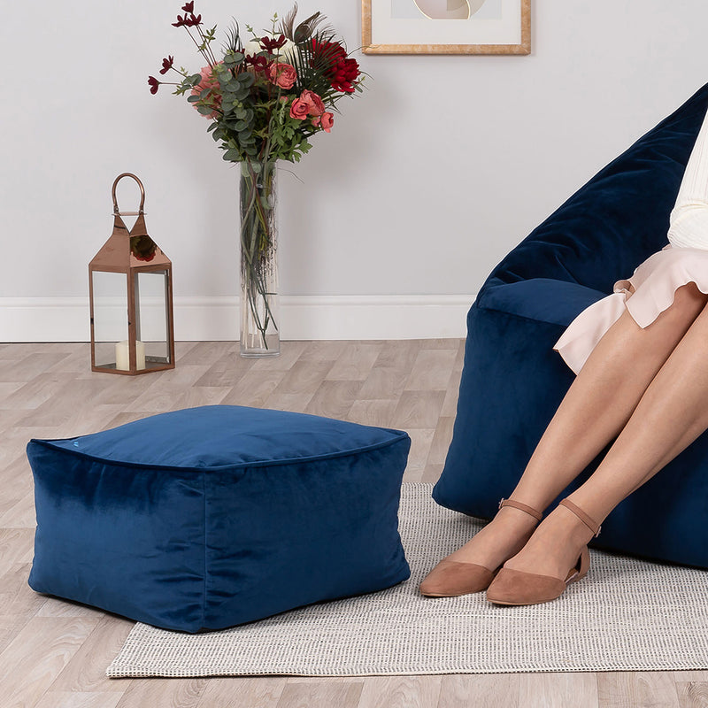 Amara Velvet Square Footstool - Navy Blue